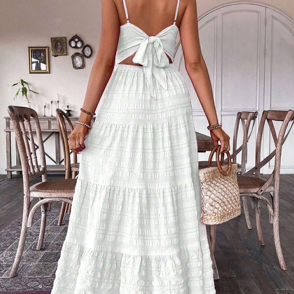 White Casual Women's Ruffle Hem Spaghetti Strap Dress - Picture 2 of 7